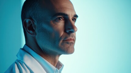 Pensive man profile, blue studio backdrop, thoughtful expression, corporate portrait