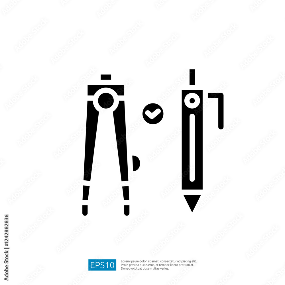 Poster compass and pencil icon representing tools for education and technical drawing in a creative workspa