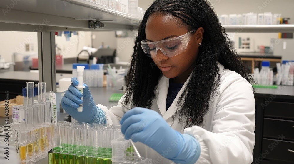 Poster scientist conducting a laboratory experiment with test tubes