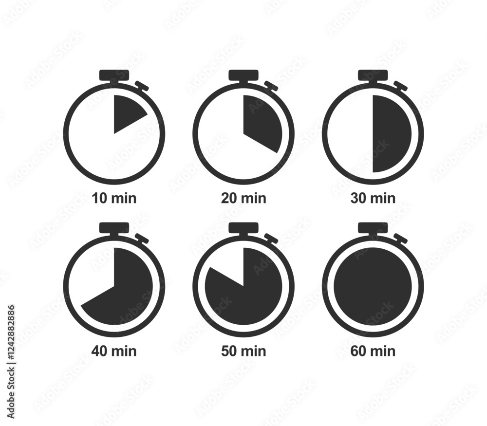 Poster timer, clock, stopwatch isolated vector icon. timer icon set, timer from 10 to 60 minutes, vector il