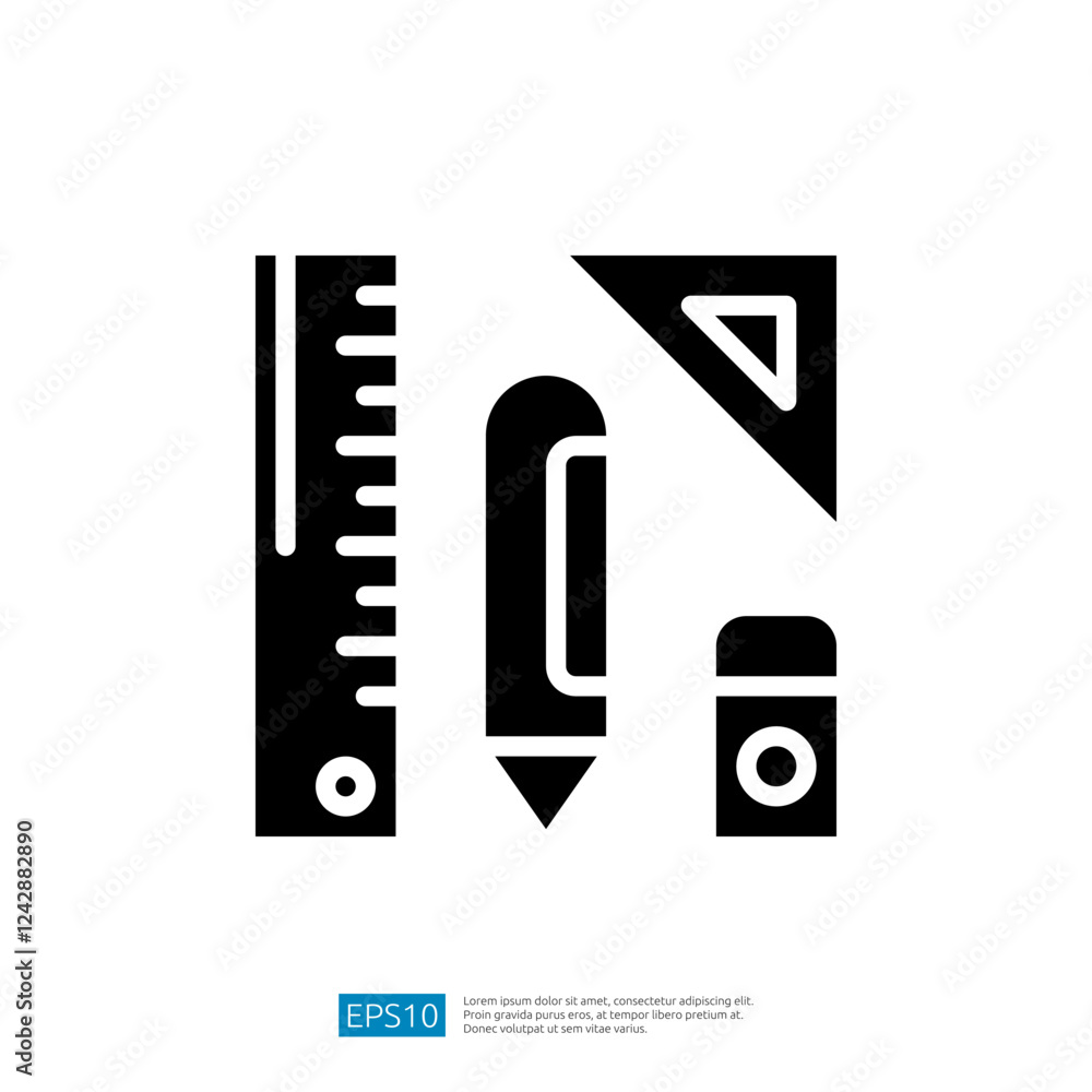 Poster icon representing education tools including ruler pencil triangle and sharpener for learning and cre