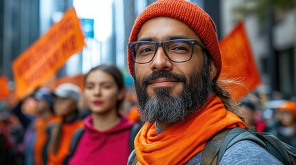  A crowd of workers gathering for a labor union rally, holding up signs demanding fair wages, equal rights, and workers' protections. The setting is filled with activism and passionate energy