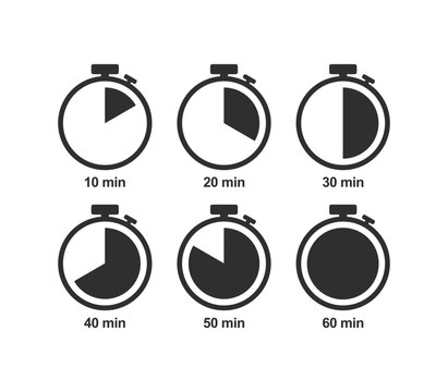 Timer, clock, stopwatch isolated vector icon. Timer icon set, timer from 10 to 60 minutes, vector illustration. 10, 20, 30, 40, 50, 60 min, timer clock.