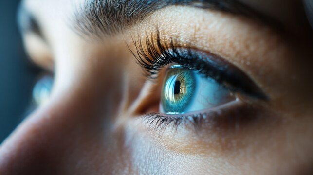 Woman's eye gazing, close-up, indoors, dark background, vision care