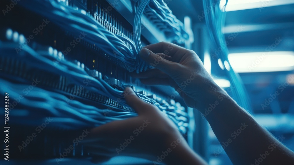 Poster hands connecting blue network cables in server rack