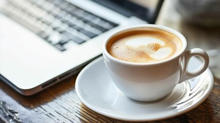 Close-up of a latte in a white cup on a saucer beside a laptop on a wooden table