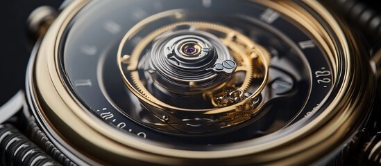 Gold watch mechanism close-up, dark background, advertising