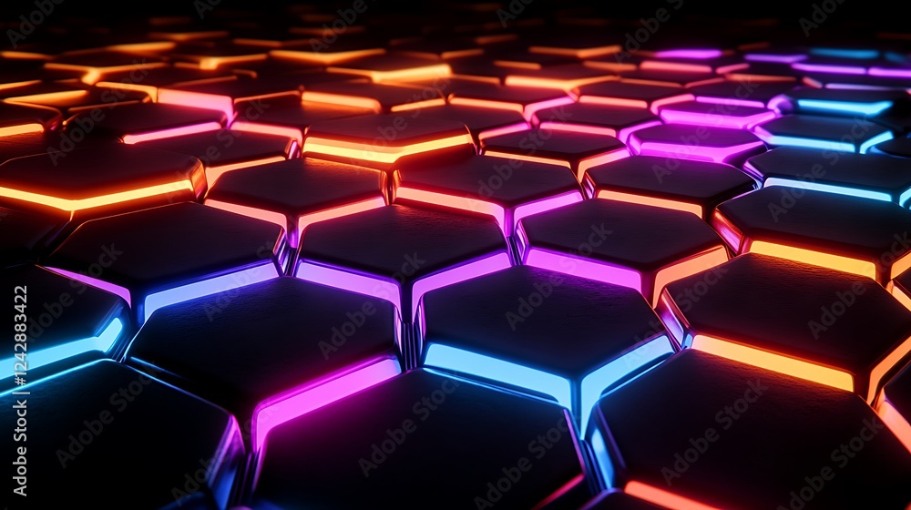 Poster neon hexagon grid abstract digital pattern