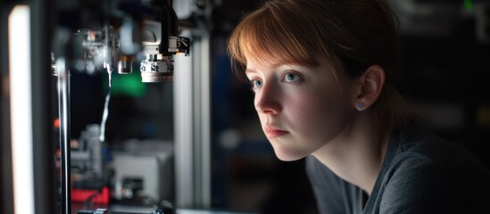 Woman observes 3D printer lab process