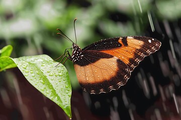 A close-up of a butterfly landing on a fresh green leaf in a rain-soaked garden, the droplets glistening on its wings, showcasing the beauty of nature.