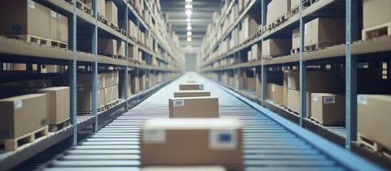 Fototapeta premium Cardboard boxes on conveyor belt in warehouse, logistics, distribution