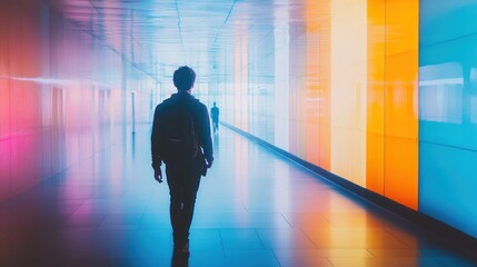 Fototapeta premium Man walks colorful illuminated transit tunnel, future, travel