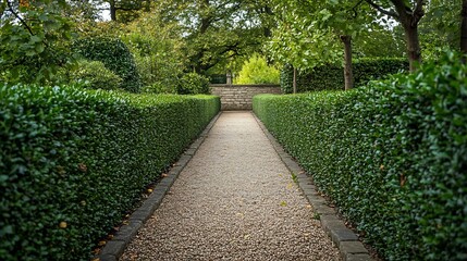 Obraz premium Serene Gravel Path Gently Curves Between Lush Green Hedges. AI Generated