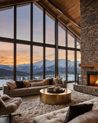 Inviting rustic design featuring beige sofa fur carpet stone wall fireplace warmth and large windows showcasing breathtaking snowy mountain views  Interior Design Inspiration