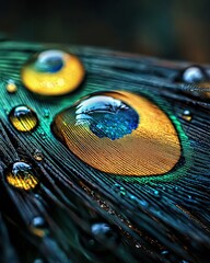 Fototapeta premium A Stunning Close Up of a Peacock's Vibrant Feathers Highlighted by Dew and Water Droplets
