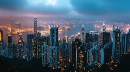 Fototapeta premium Cityscape at Night with Skyscrapers and Harbor View