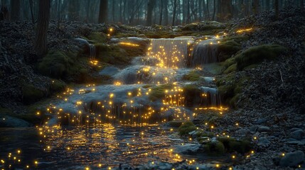 Magical forest stream glows softly with ethereal light. AI Generated