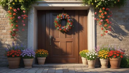 Wooden door with overflowing flowerpots and a wreath of flowers, greenery, flower arrangements, garden ornaments