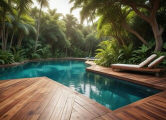 Obraz premium Wooden deck with built-in bench overlooking serene pool in tropical garden, pool, tranquil, relaxation, tropical, wood