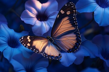 A close-up of a butterfly resting on a delicate morning glory, with rich hues of blue and purple framing the scene, highlighting nature's vibrant beauty.