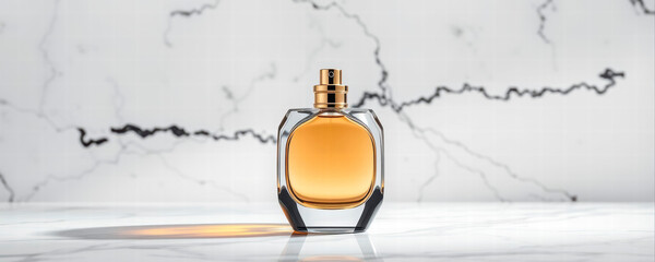 Minimalist perfume bottle on vibrant marble, featuring polished textures, high-end aesthetics, and glamorous details for a refined advertising concept