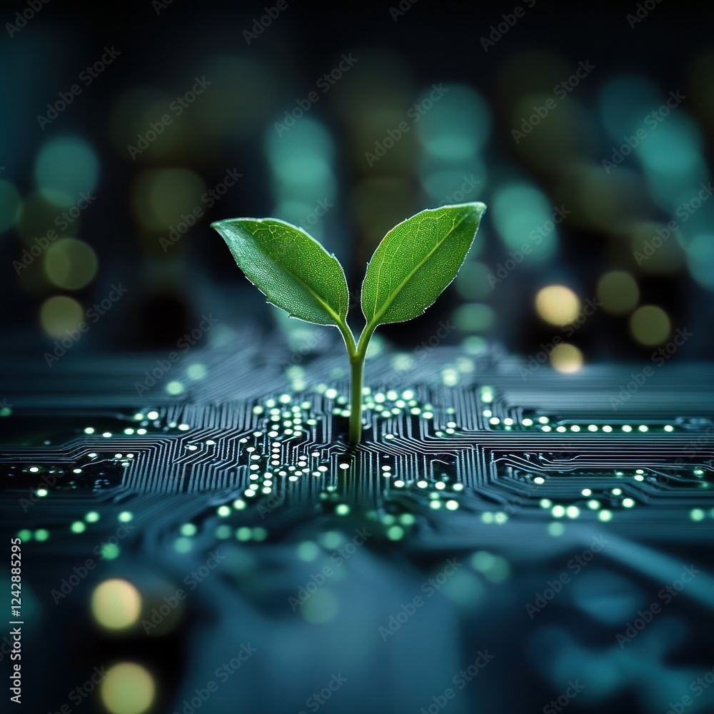 Poster seedling grows on electronic circuit board, bokeh background. concept image
