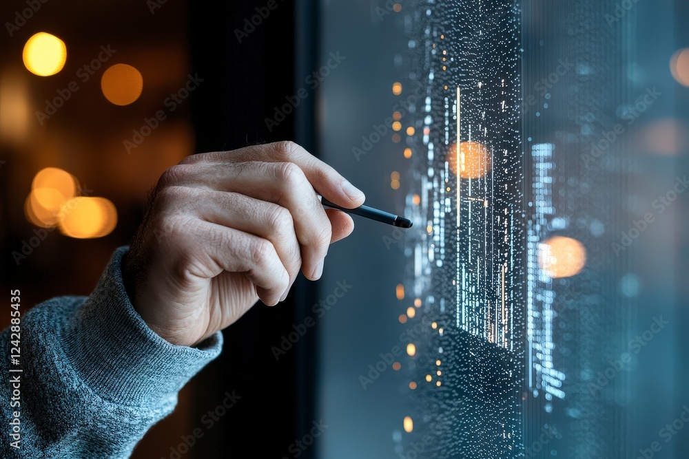 Poster hand with stylus interacts with a digital interface displaying data graphics in a futuristic environ