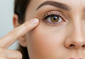 Blepharoplasty. Woman with unusual eye color touching eyelid skin and pointing to the wrinkles on the upper eyelid, closeup shot