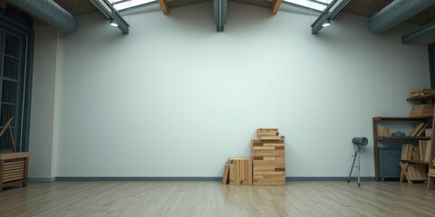 Wooden block stack on the wall in a modern room with industrial elements, concrete floor, industrial decor