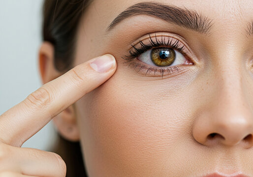 Blepharoplasty. Woman with unusual eye color touching eyelid skin and pointing to the wrinkles on the upper eyelid, closeup shot