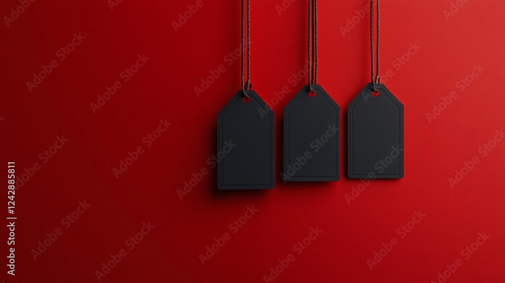 Poster Three black price tags hanging from string on red background