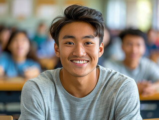 Chinese smiling male college student sitting a classroom against blurred background of his colleagues. Close-up. Copy space for text.