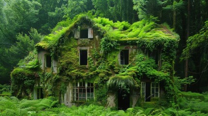 Overgrown Abandoned House Covered in Green Moss and Vines in Forest