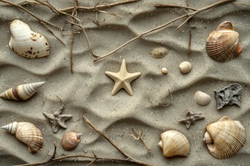 Sand textures featuring various shells and a starfish on a beach during daylight