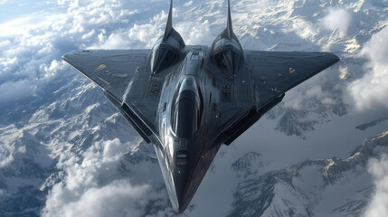 sleek, futuristic aircraft soars over snow covered mountains, showcasing advanced aerospace design and engineering. scene captures essence of innovation and high speed flight