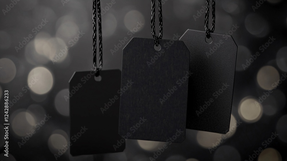 Poster three black friday gift tags hanging on string with blurry background