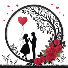 valentine day love, Romantic Silhouette of a Couple with Roses and Hearts