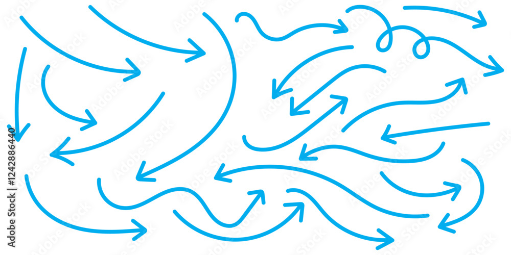 Aufkleber hand drawn arrow vector icons set. set of simple lines hand drawn blue arrows in various style. set 