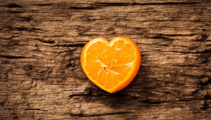 Heart shaped cut orange on old wooden cracked weathered surface. Vintage style. Copy space for text.