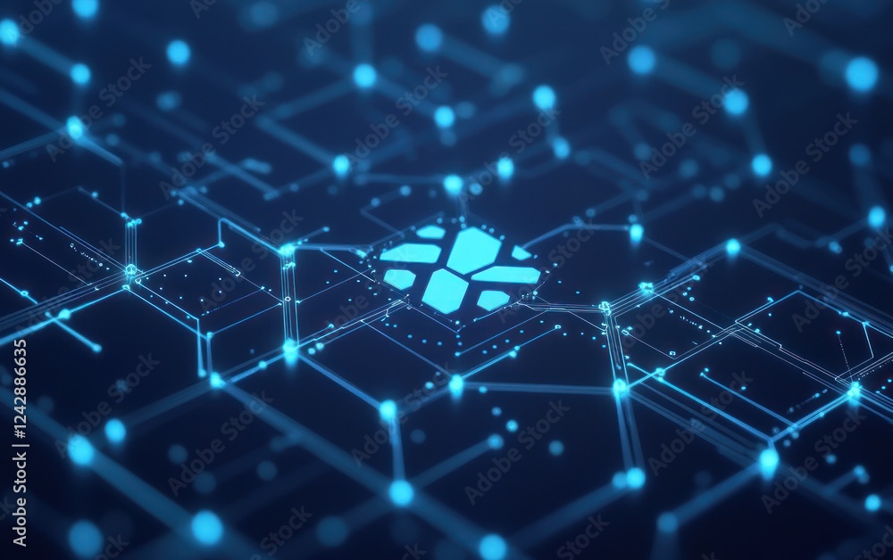 Poster digital network with glowing nodes and central icon for technology, coding or scientific use