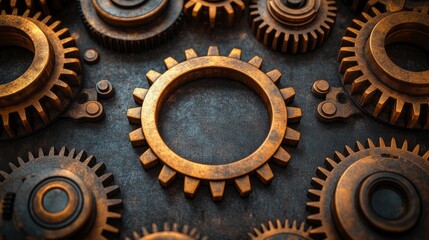 Vintage brass gears arranged intricately on a dark surface showcasing mechanical elegance