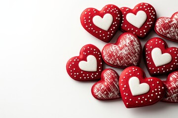 Obraz premium A collection of red hearts with white patterns and polka dots arranged on a white background. Ideal for Valentine's Day themes.