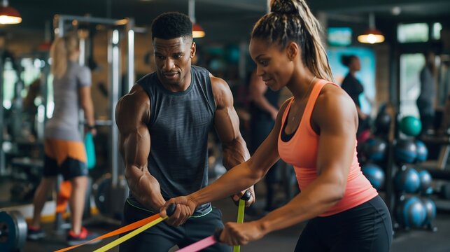 A mixed-race couple collaborates with their personal trainer in a gym setting, performing exercises with resistance bands. The trainer motivates them to achieve their fitness goals together - Powered by Adobe