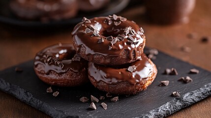A chocolate doughnut set with a double-dipped chocolate glaze, artistically plated on a dark slate serving board