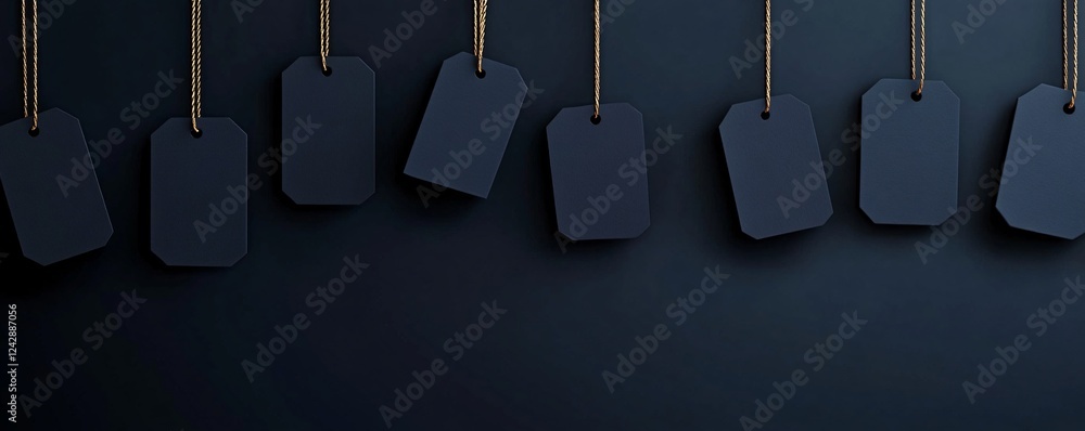 Poster blank black price tags hanging on strings against dark background
