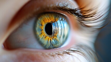 Close-up eye reflection city view, macro photography, ophthalmology