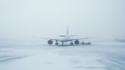 large passenger airplane with red accents is parked on snowy airport runway, surrounded by fog, creating serene and quiet atmosphere