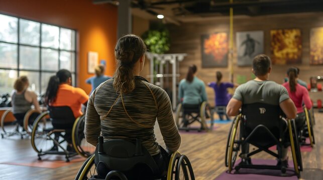 Participants in comfortable attire engage in an accessible fitness class, using modified exercises and adapted equipment in a naturally lit gym atmosphere that promotes inclusivity - Powered by Adobe
