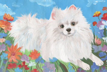 Drawing of a white Pomeranian Spitz in flowers against a blue sky