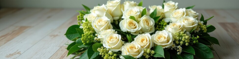 White rose and hydrangea bouquet placed on top of a large funeral heart-shaped wreath, wreath, funeral decoration, floral arrangement